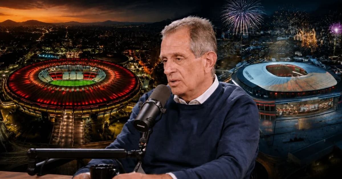 Maracanã ao entardecer com balança da justiça projetada no gramado, arquibancadas vazias; transmite insegurança jurídica sobre Flamengo.