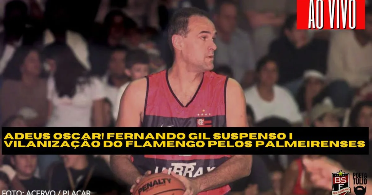 Ilustração editorial: despedida de ídolo do Flamengo na quadra, torcida em vermelho e preto, jornalistas e símbolos de debate público.