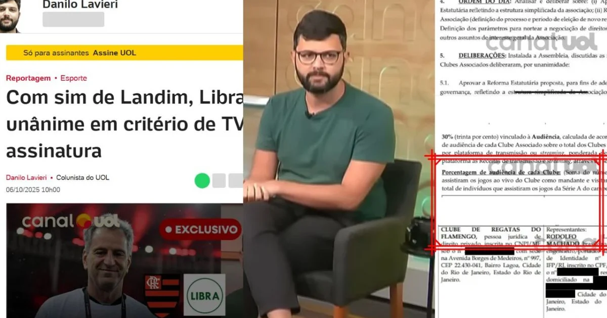 Ilustração editorial de estádio ao entardecer com jornal flutuante, balanço simbólico entre receitas e audiência, referência à polêmica do Flamengo.
